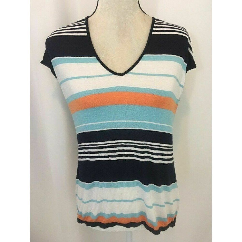 Splendid Womens White Blue Orange Striped V Neck Short Sleeve Top Rayon Xs
